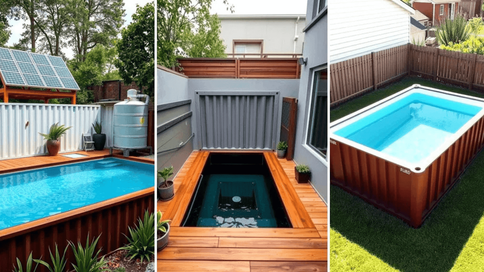 Small backyard deck layout ideas for shipping container pools including wraparound and split-level designs.