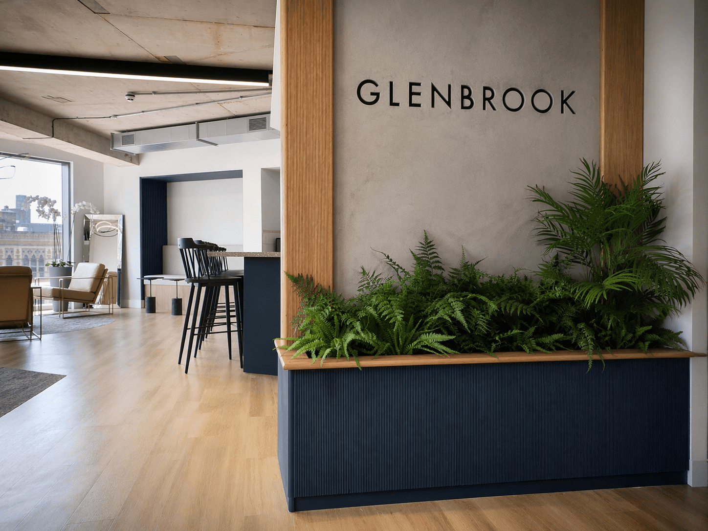 Modern office lobby with biophilic elements in Manchester