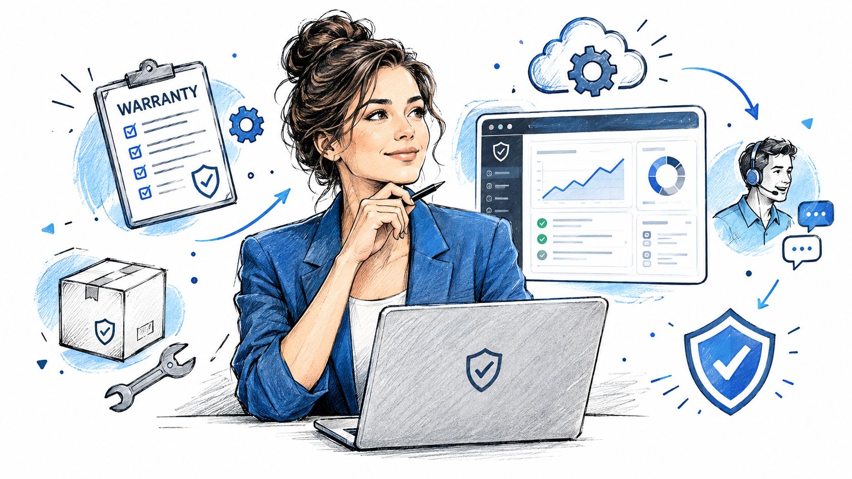 A professional woman working on a laptop, surrounded by business icons representing digital home warranty software management.