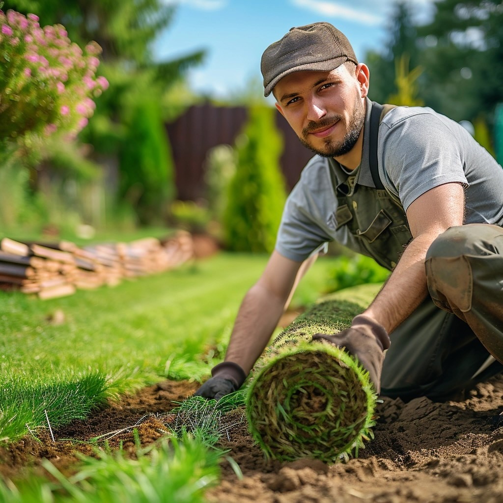 male gardener laying artificial turf in the backyard, wearing work gloves and hat, smiling at camera with green lawns