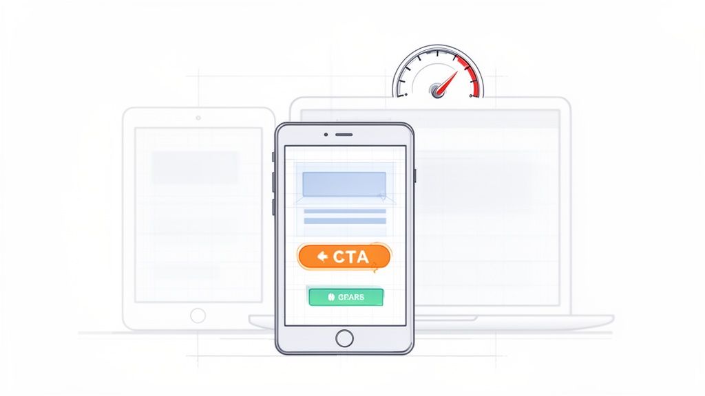 Responsive UI design across devices with CTA buttons and a performance gauge.