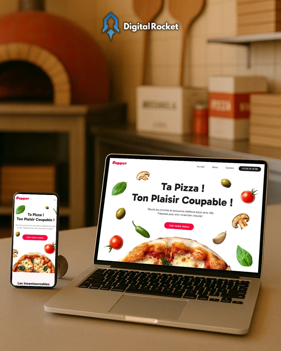 Site vitrine pour une pizzeria à Montpellier, créé par Digital Rocket. Design gourmand et coloré pour mettre en avant les pizzas artisanales et la commande en ligne.