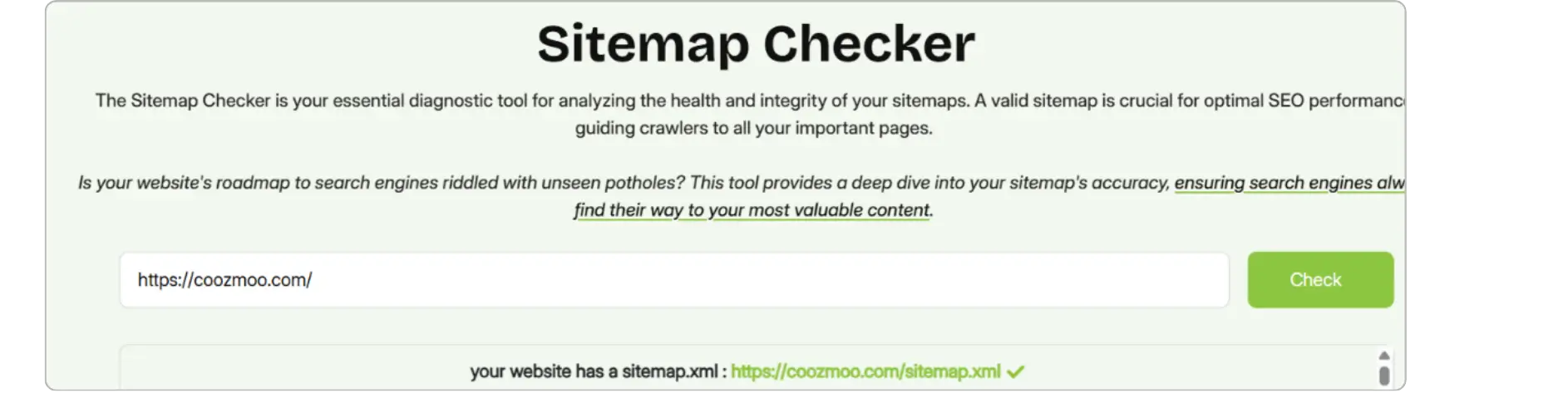 Sitemap Checker tool interface validating a website URL for SEO health and crawlability.
