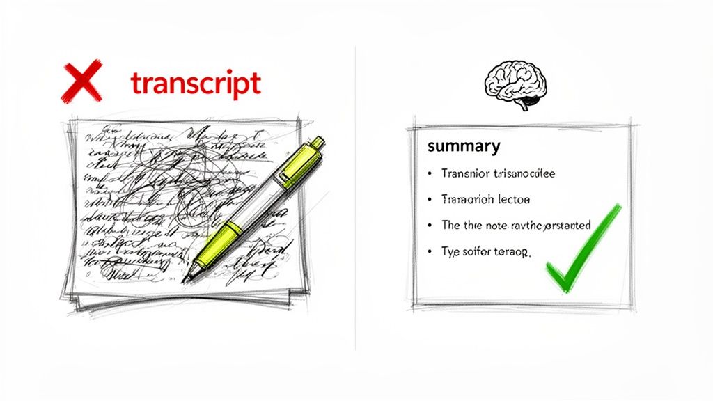 Comparison of messy handwritten transcript notes with a pen versus a concise bullet-point summary.