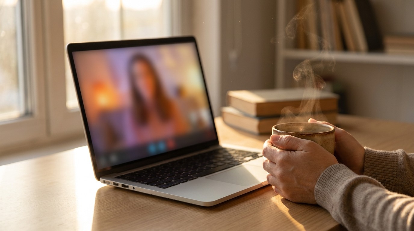 Close-up of an online therapy setup with a steaming mug and laptop. The blurred screen and warm lighting represent the compassionate and professional approach of a female psychologist during a virtual session.