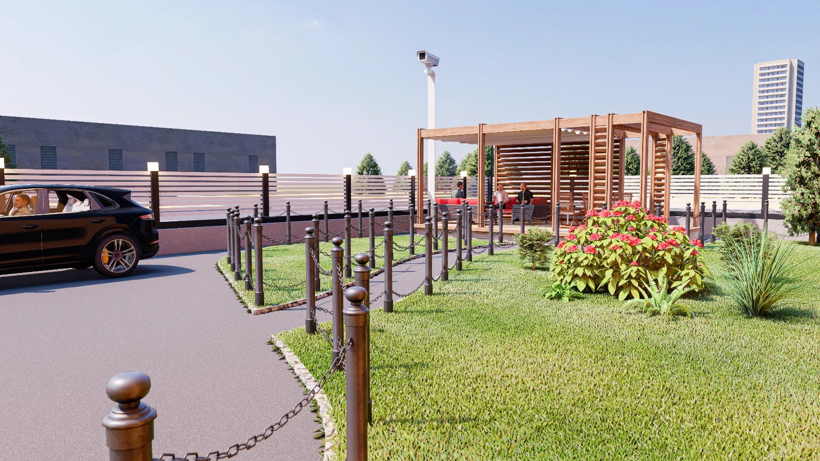 Visualizzazione 3D paesaggistica della struttura Happy Bed, con dettagli su pergola, vegetazione e percorsi esterni.