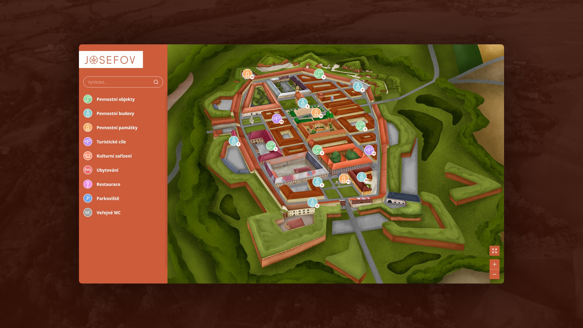 Screenshot UI mapy Živý Josefov