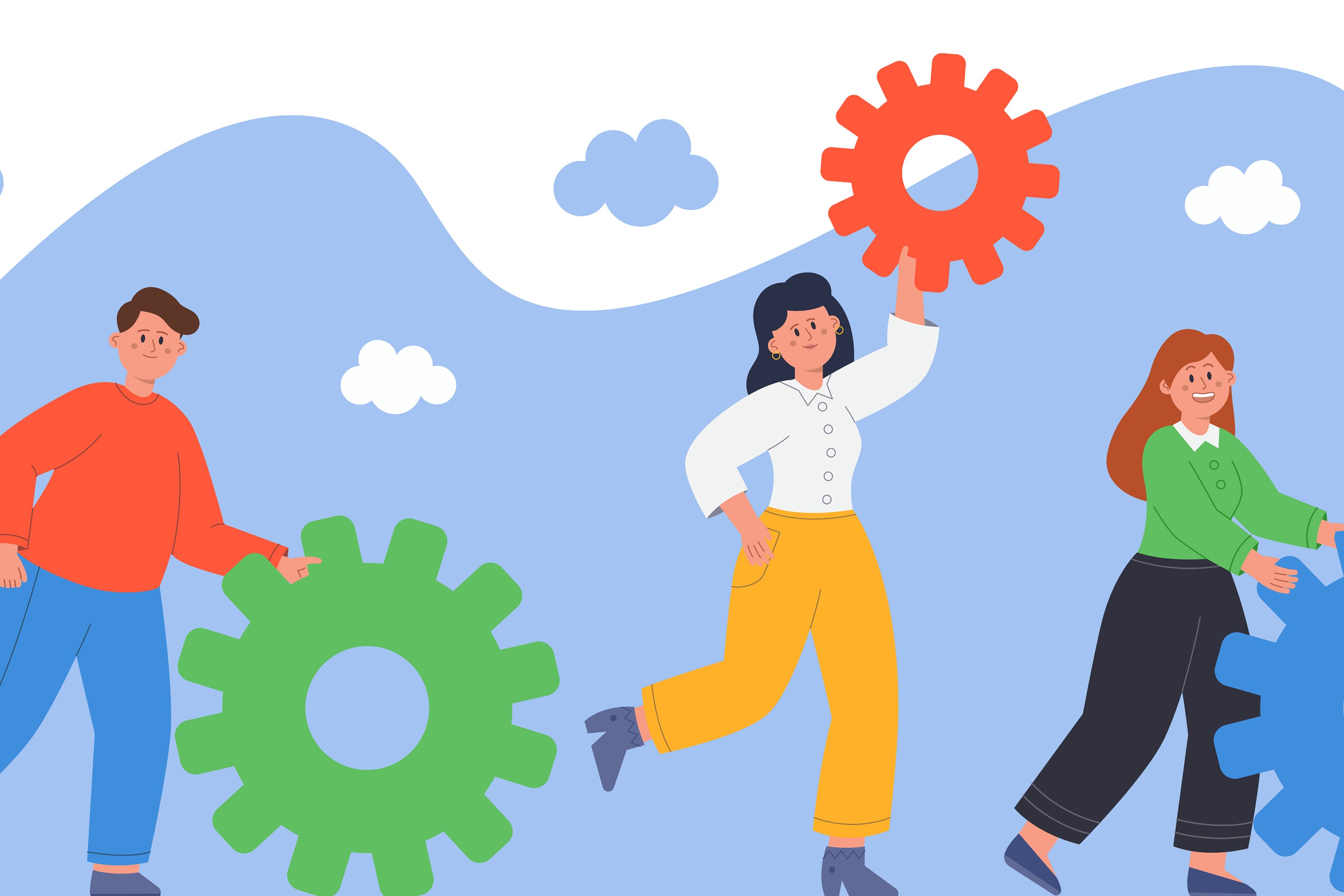 SaaS B2B demand generation campaign breakdown— illustration of three marketers assembling operational gears and processes into a running demand gen engine.