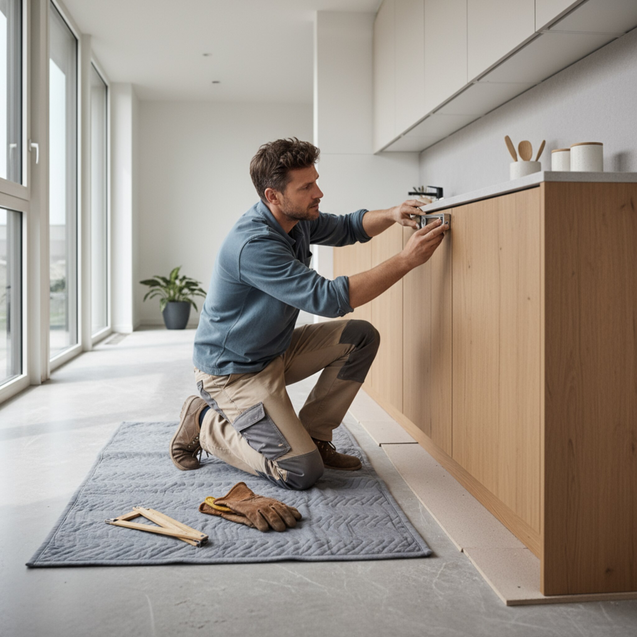 Ein Monteur legt Handschuhe und Zollstock ordentlich neben sich und prüft die Position einer Schrankzeile. Auf dem Boden liegen schonend platzierte Schutzdecken. Die Wohnung ist hell und aufgeräumt. Die Szene vermittelt Routine, Sorgfalt und Transparenz im Ablauf.