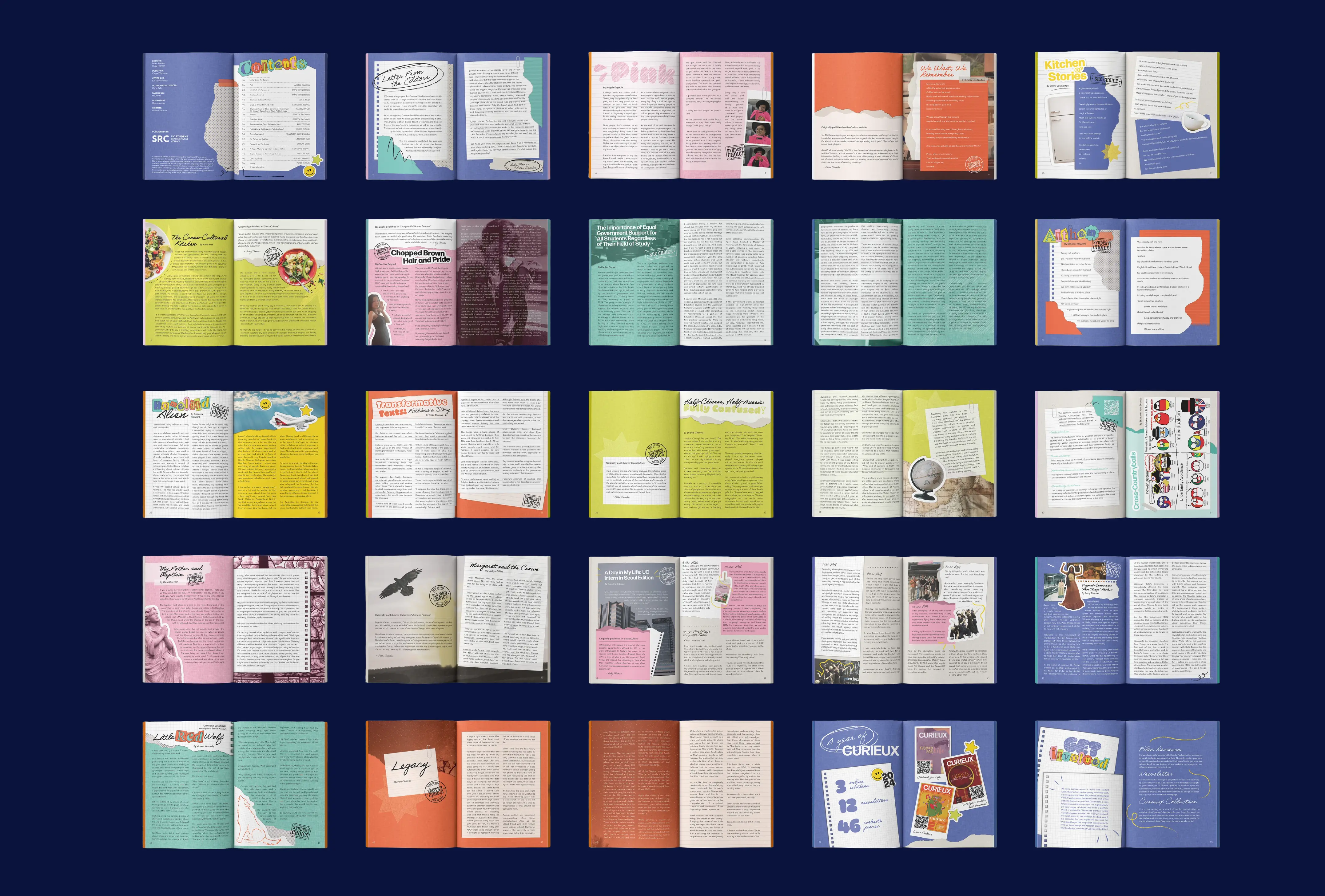 Grid of twenty-five Curieux magazine spreads in yellow, pink, teal and orange on a navy background