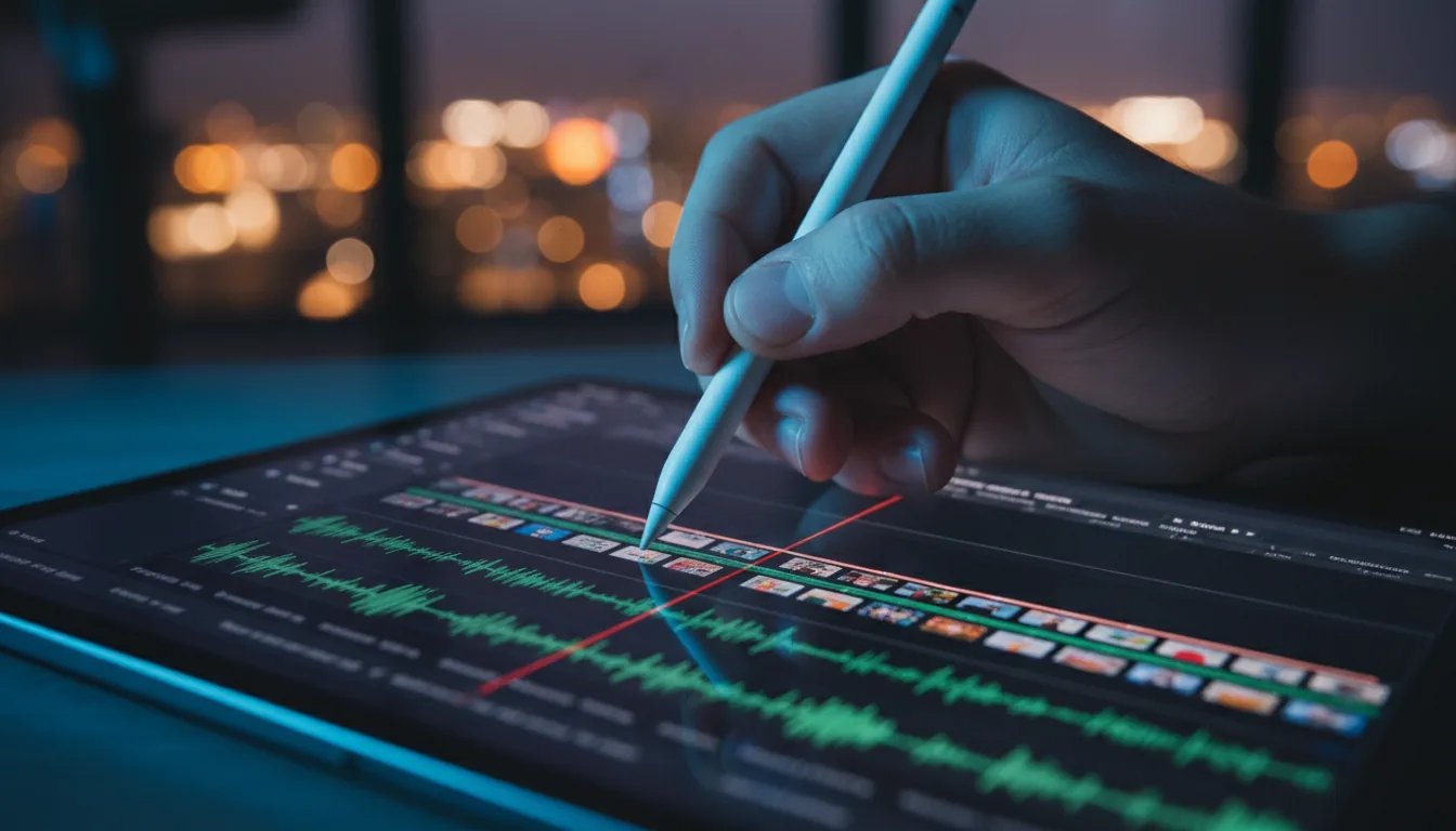 Macro DSLR photo from a dynamic angle, shallow depth of field, showing a person's hand holding a white stylus pen, editing a video on an iPad. The screen displays the DaVinci Resolve video editing software interface in dark mode, with a detailed timeline featuring multiple clip thumbnails, green audio waveforms, and a red playhead. Cinematic contrast lighting, with a cool blue glow from the screen illuminating the hand and stylus. Sharp focus on the tip of the stylus touching the screen, with a soft bokeh background.