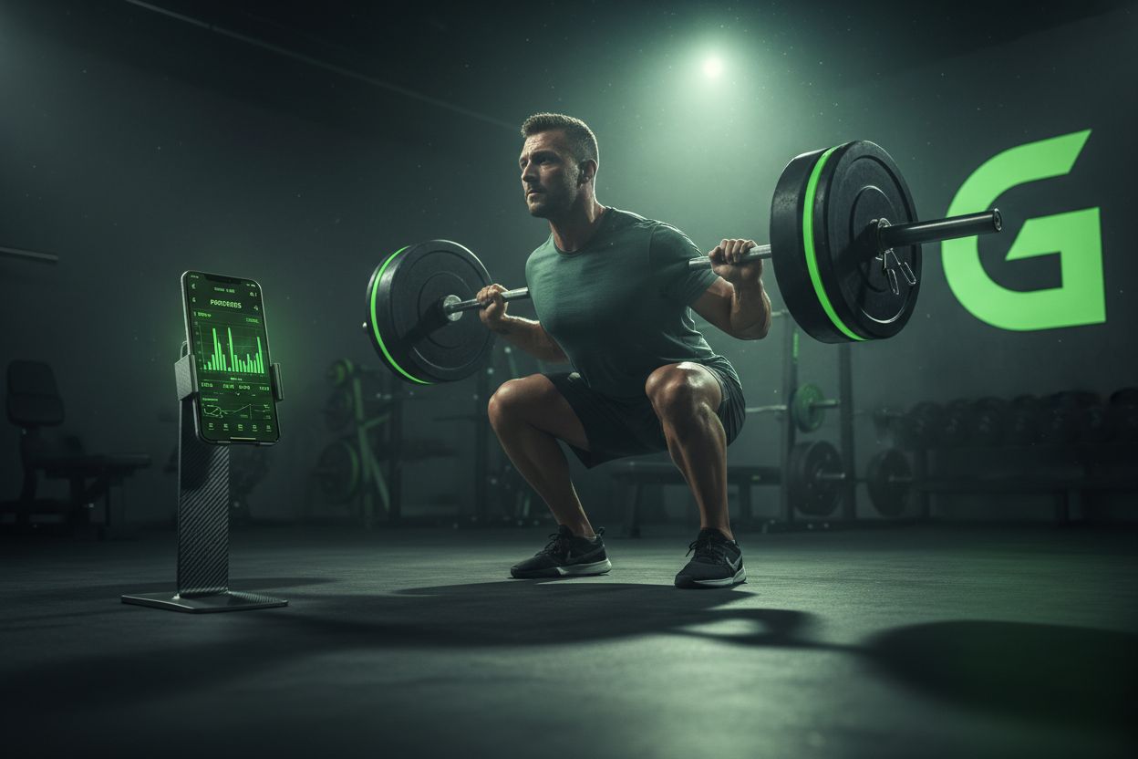 Person squatting with smartphone showing workout log