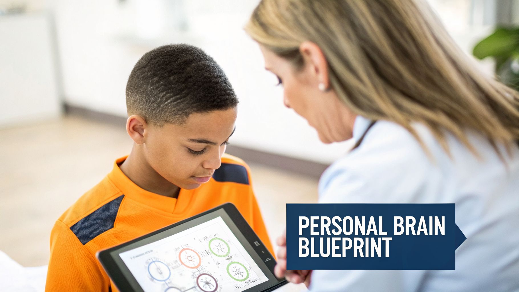 A young boy and an adult woman examine a tablet displaying a 'Personal Brain Blueprint.'