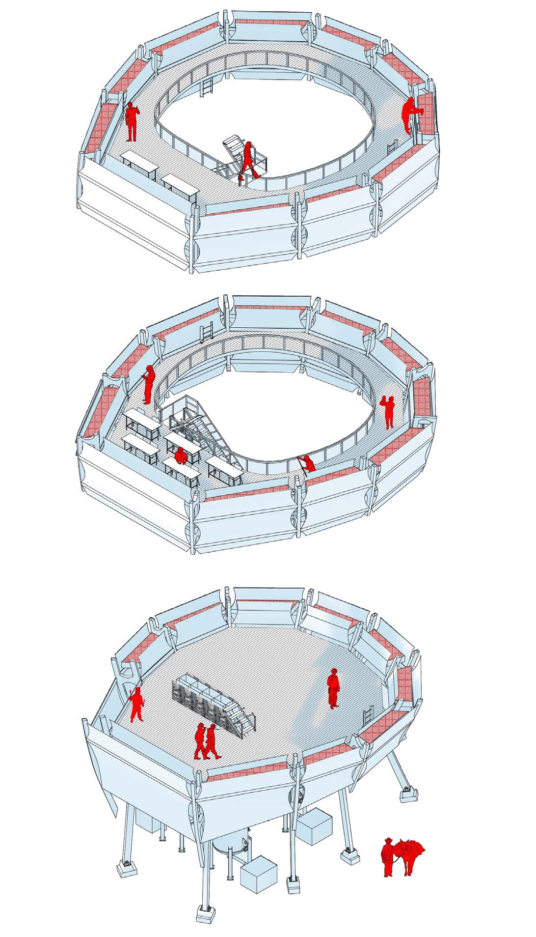 Exploded axonometric of the pod’s occupied floor levels and circulation.