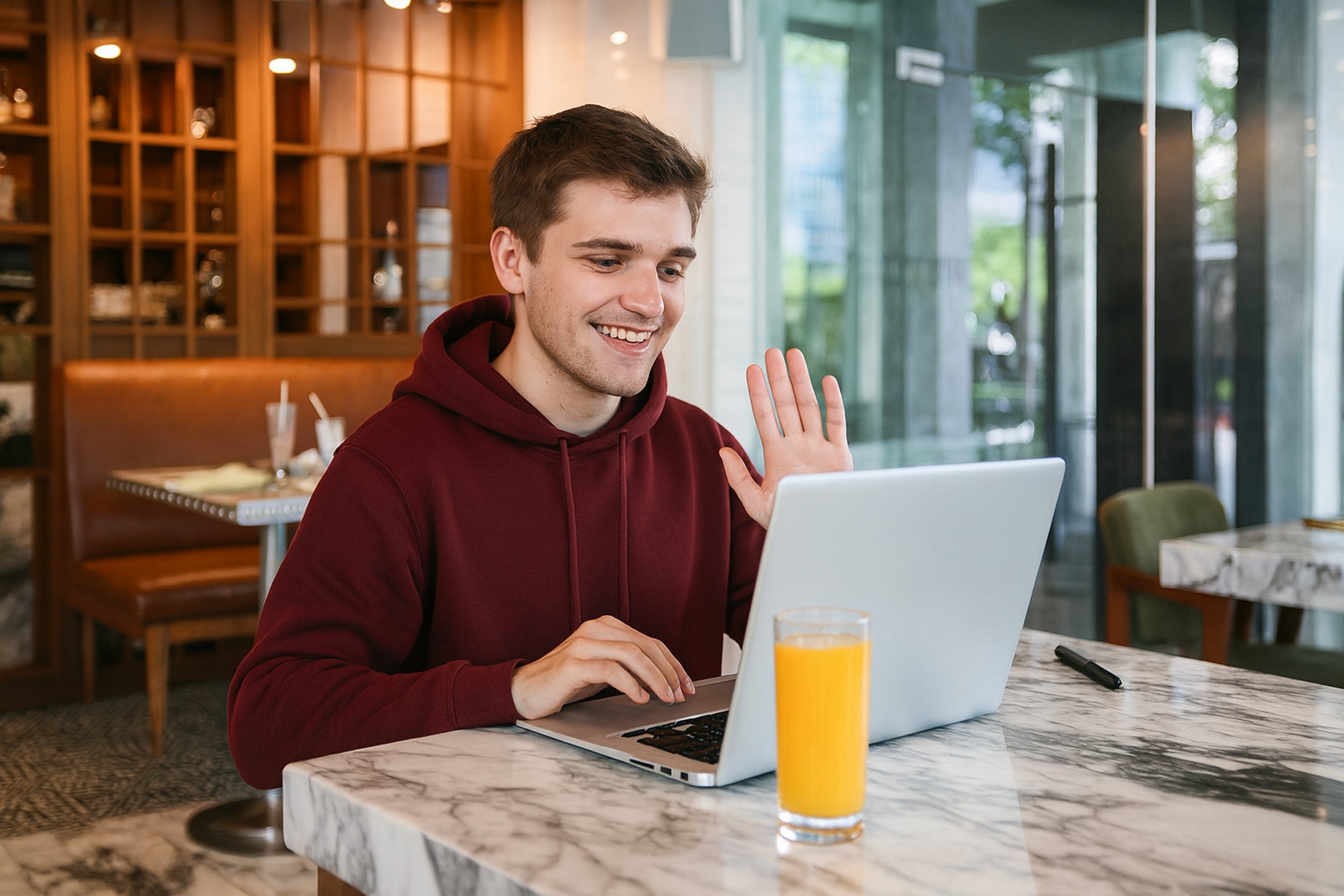 Smiling young man in a maroon hoodie studying on a laptop at a café, waving during an online English lesson, representing confidence and natural language practice.