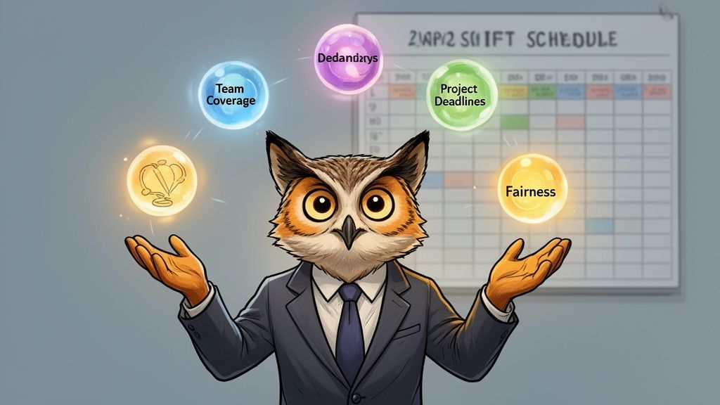 An owl wearing a business suit juggling glowing spheres labeled with work scheduling and management concepts.