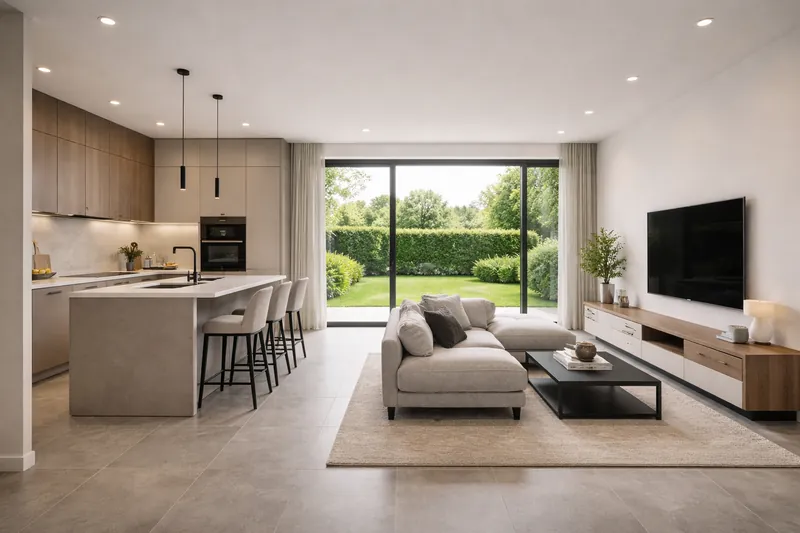 Interno di casa ristrutturata con zona giorno luminosa e affaccio sul giardino