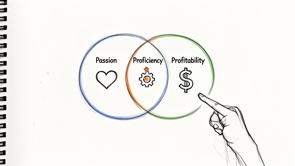 Hand pointing to a Venn diagram illustrating overlapping circles for Passion, Proficiency, and Profitability.