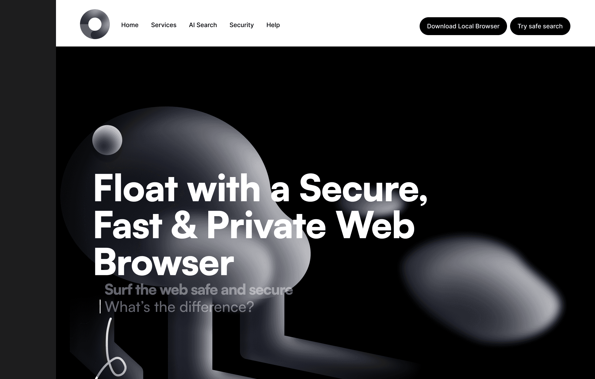 Float landing page — hero. Dark, weightless forms: browsing that feels unobserved.