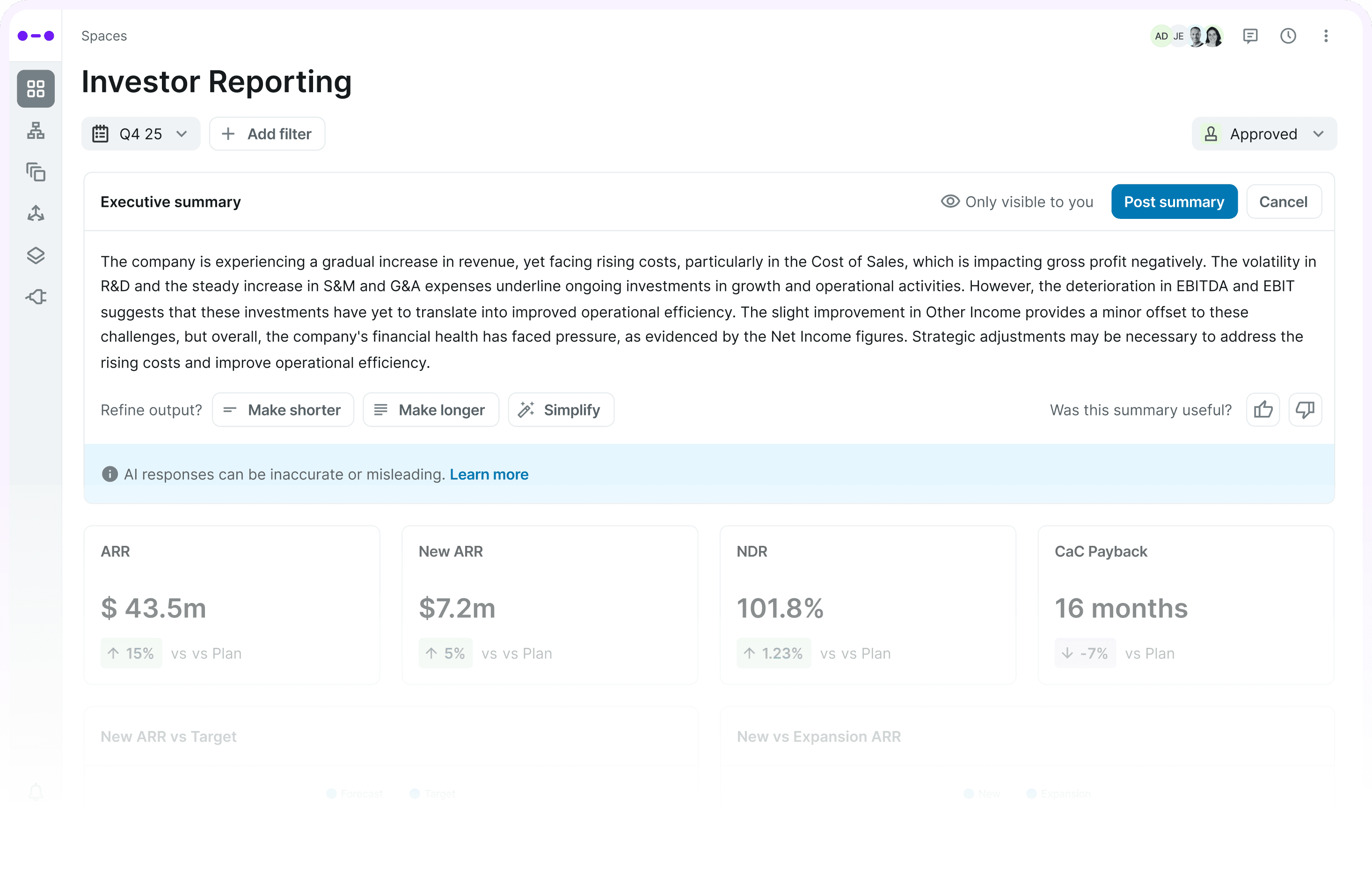 Dashboard displaying revenue model