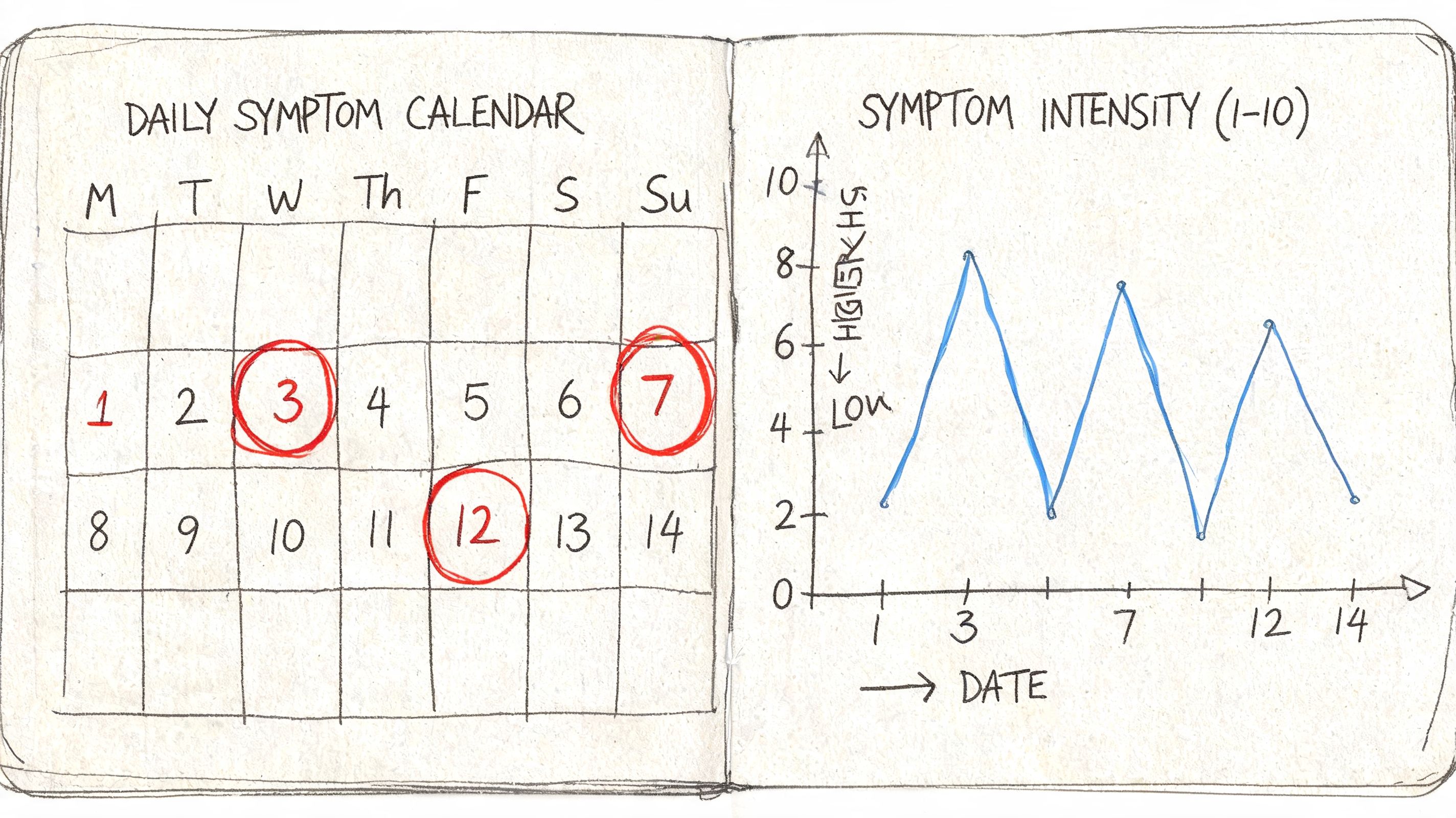 A hand-drawn daily symptom calendar and a symptom intensity line graph showing fluctuations over fourteen days.