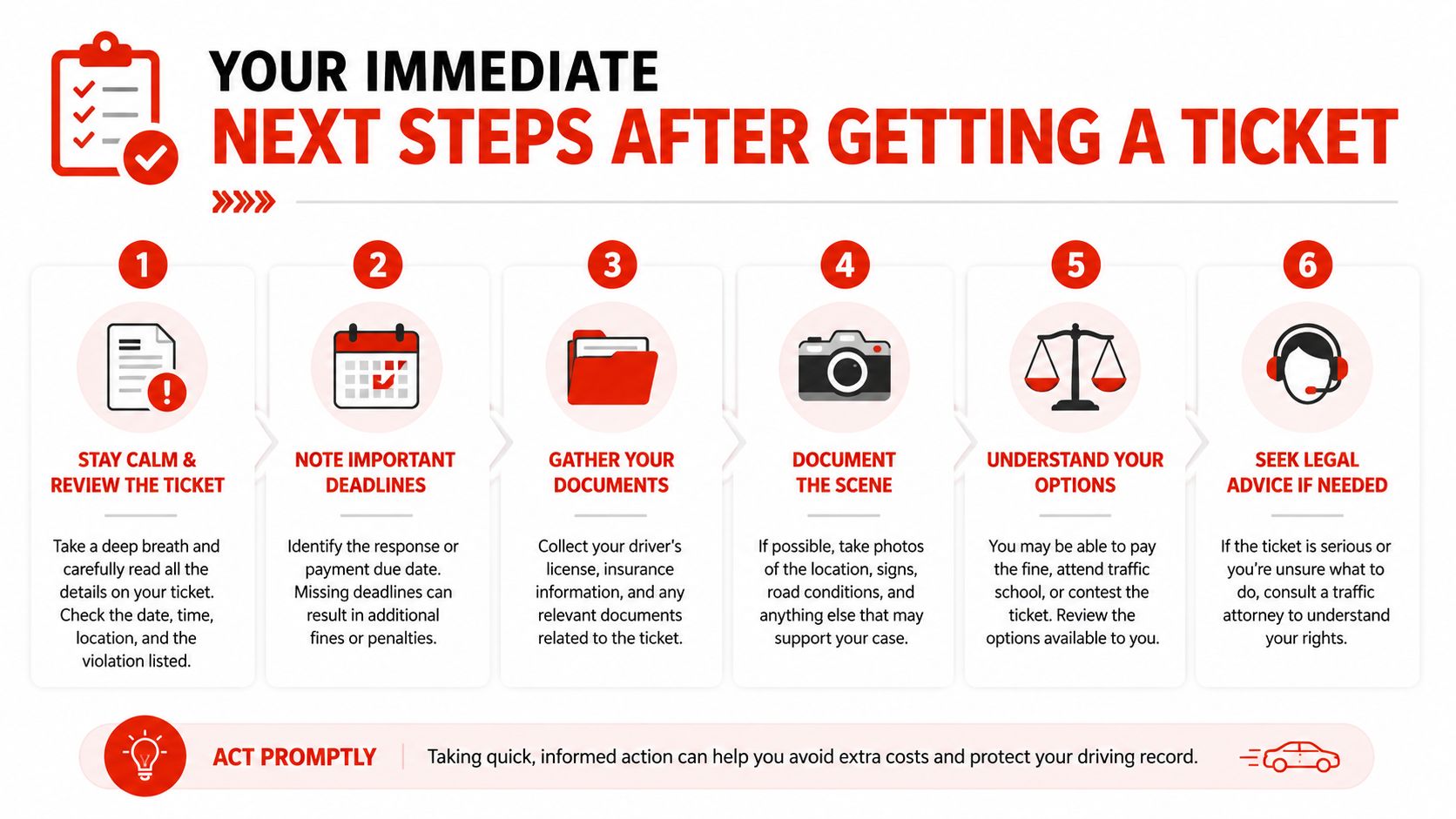 An infographic titled your immediate next steps after getting a ticket with six numbered legal steps.