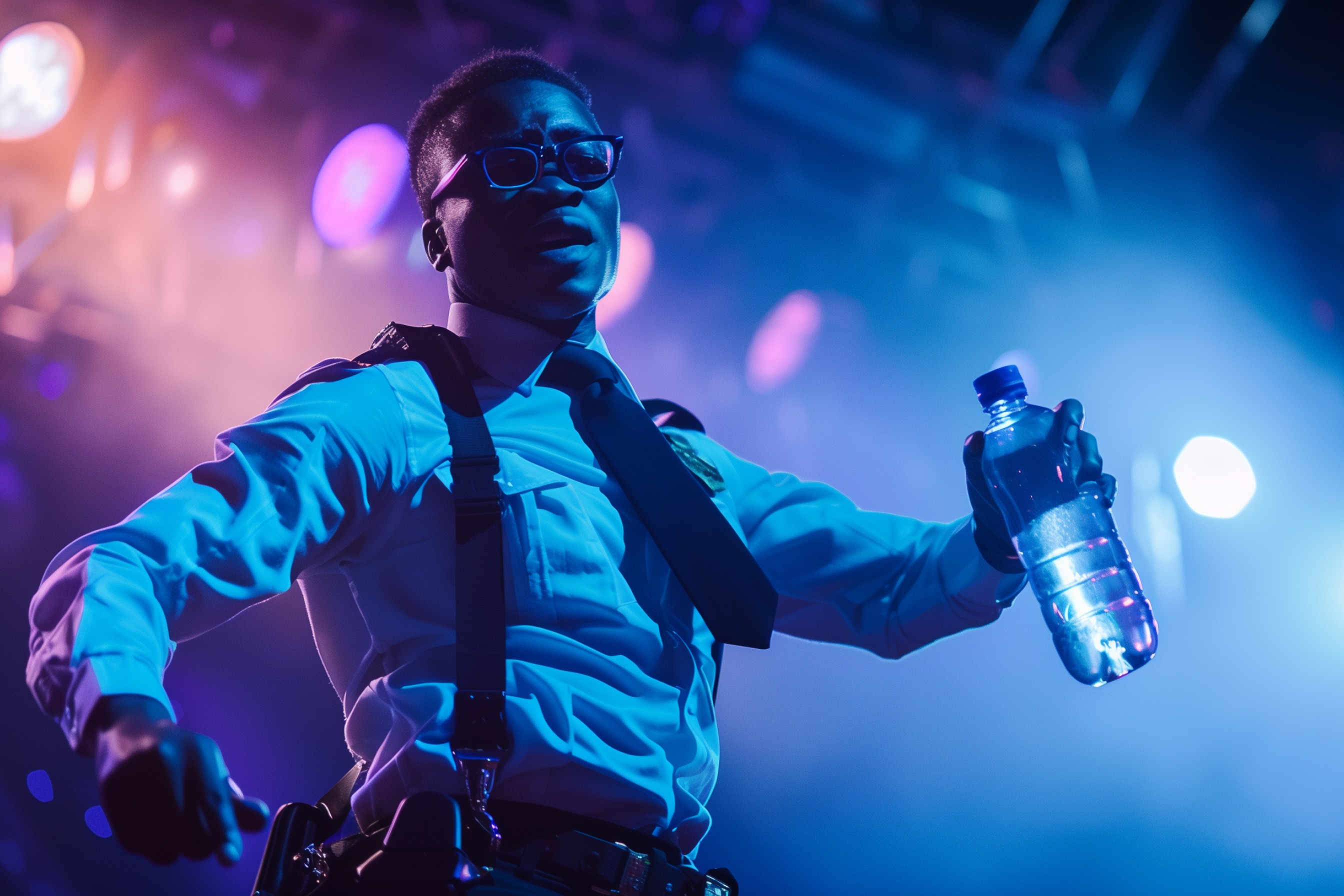 TSA agent dancing with water bottle