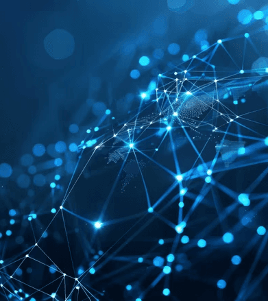 Abstract visual of interconnected nodes and lines forming a glowing globe, representing data, technology, and digital networks on a dark blue background.