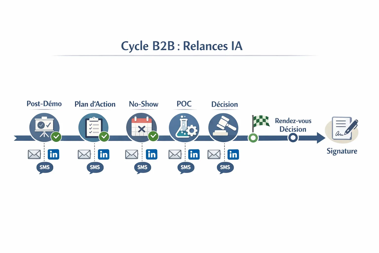 Frise chronologique d’un cycle B2B montrant cinq relais de relance IA, post‑démo, plan d’action, no‑show, POC, décision, avec icônes email, LinkedIn et SMS et des jalons clairs menant au rendez‑vous de décision et à la signature.