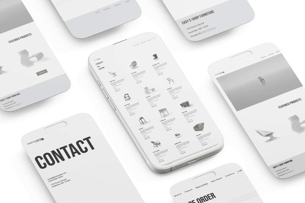 An isometric 3D grid of smartphone screens displaying the Easy E-Shop mobile interface, product catalog, and contact page.