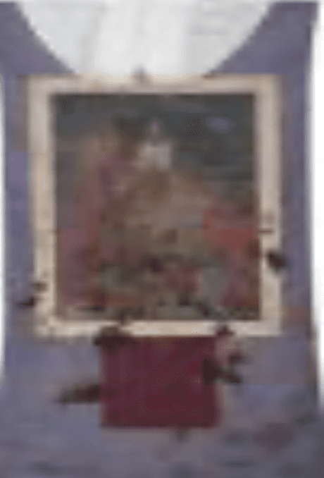 herd of sheep on road painting