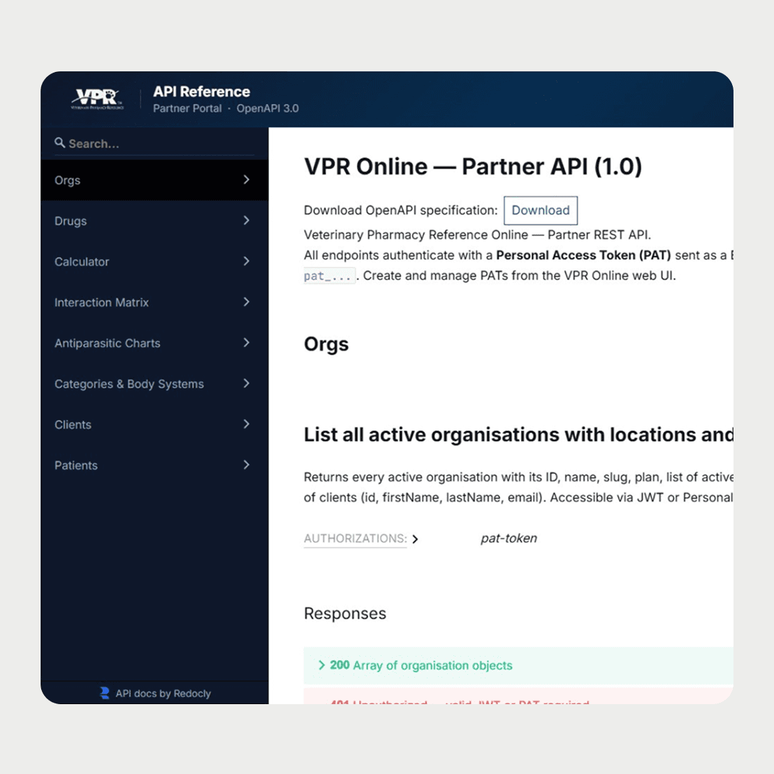 Interface of VPR API Partners portal