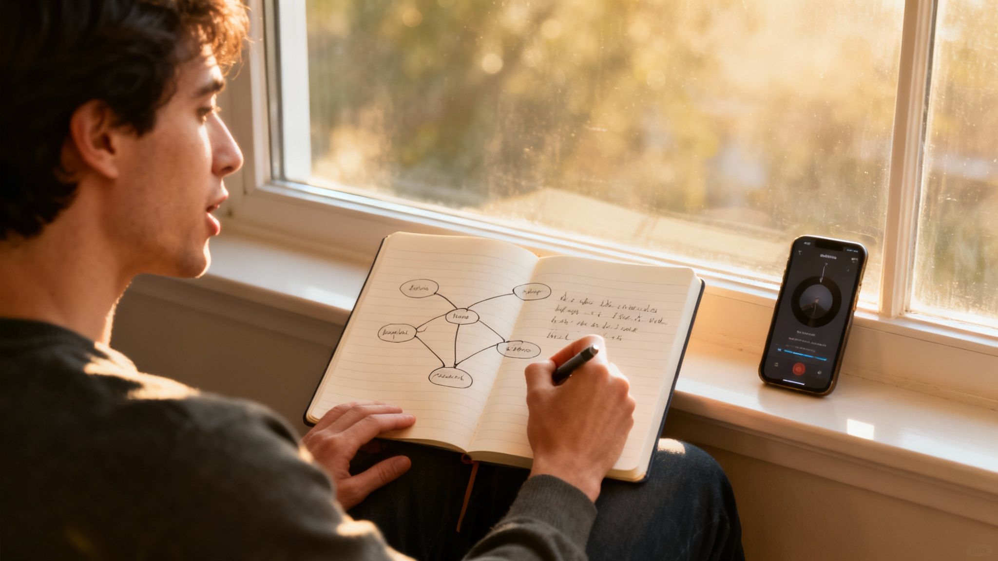 Speak4Me – A person on a commute, listening to audio on their phone with headphones, productively reviewing information.