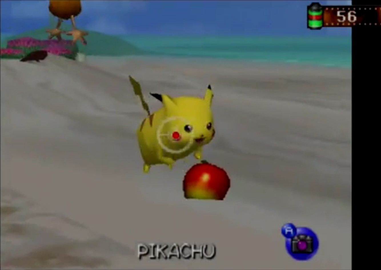 pikachu runing in the sand in pokemon snap on nintendo 64