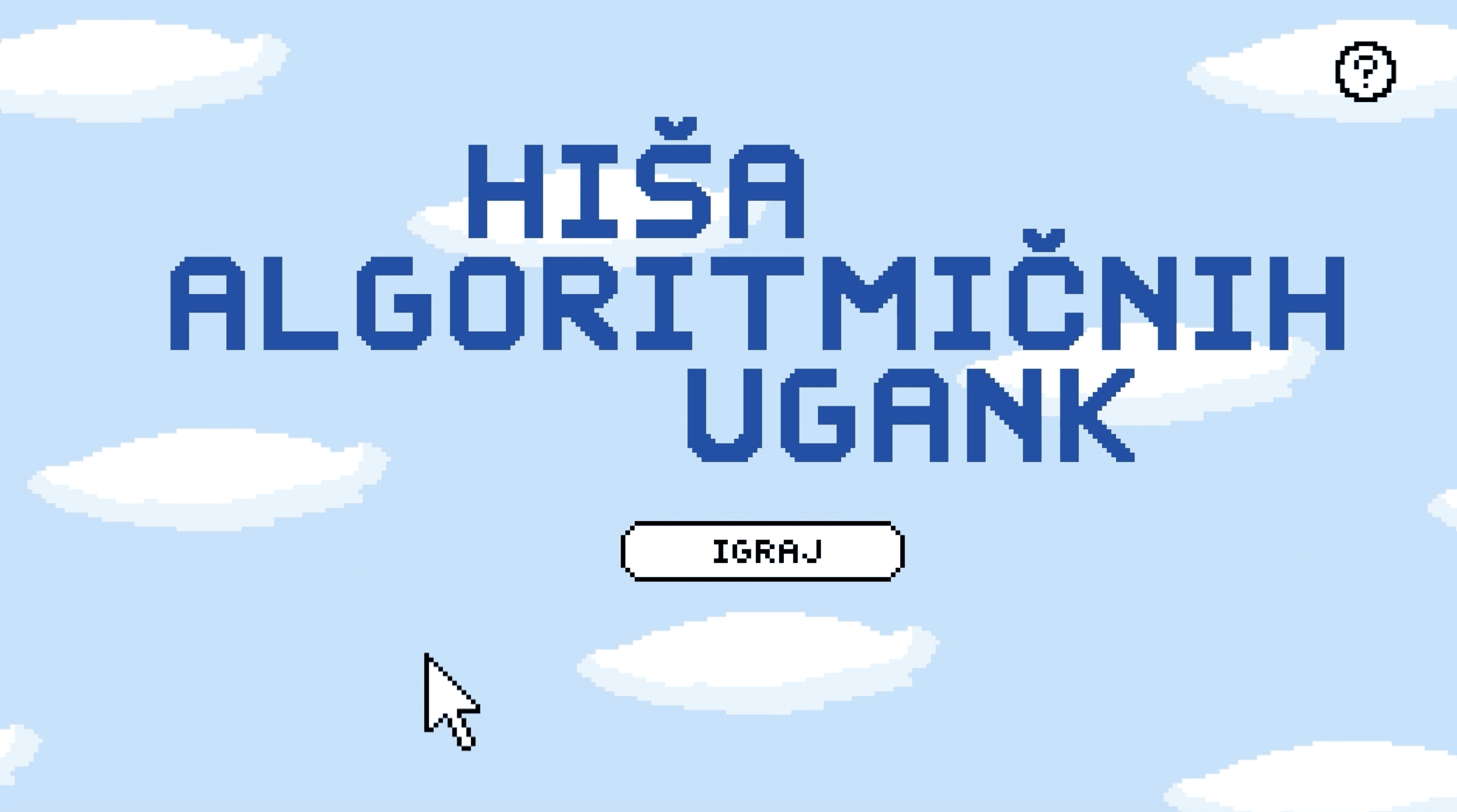 Pixel art title screen for "Hiša algoritmičnih ugank" game.