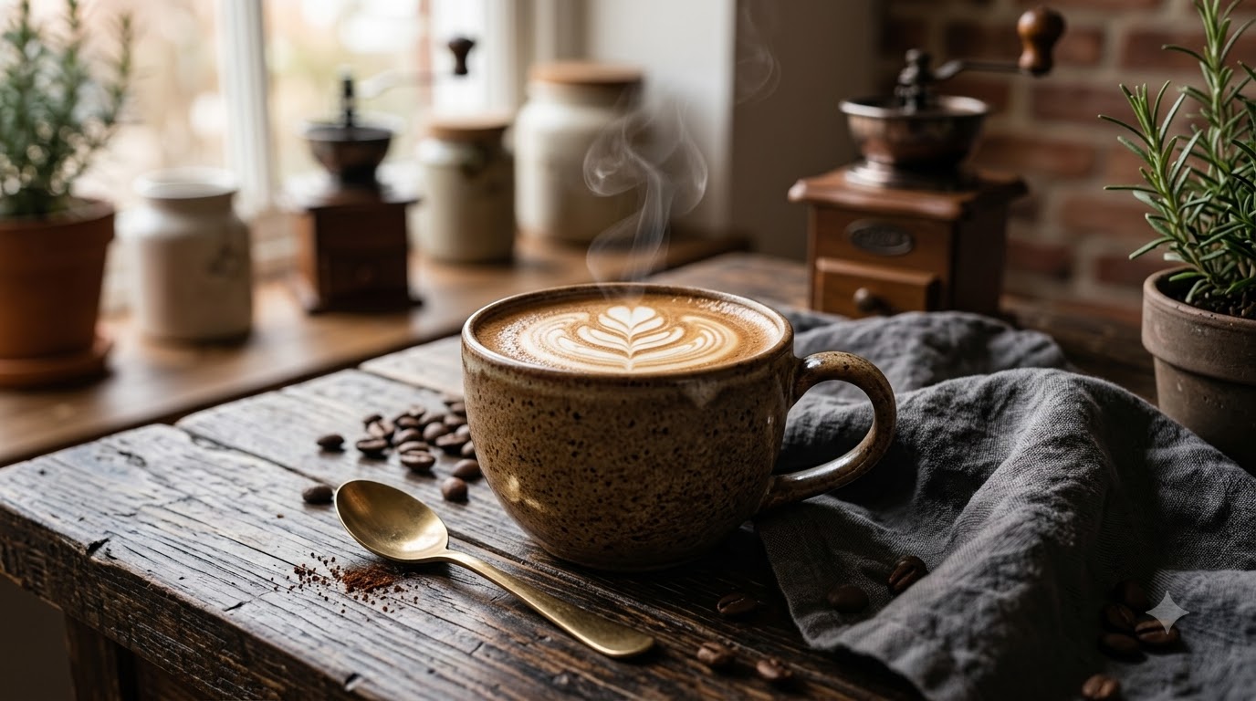 Hot café latte with leaf latte art in a rustic ceramic cup