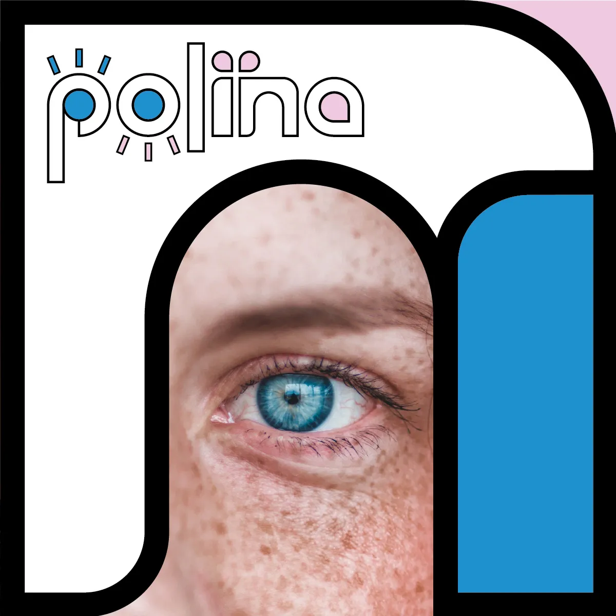 Polina lashes studio brand concept showing close-up eye photography framed inside geometric letterform with logo, designed by The World District.