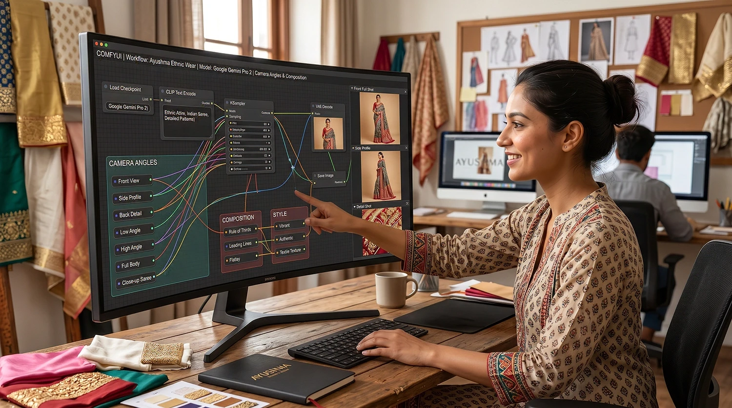Woman using ComfyUI workflow to create AI fashion images for ethnic wear, representing mediareach innovation in multicultural marketing