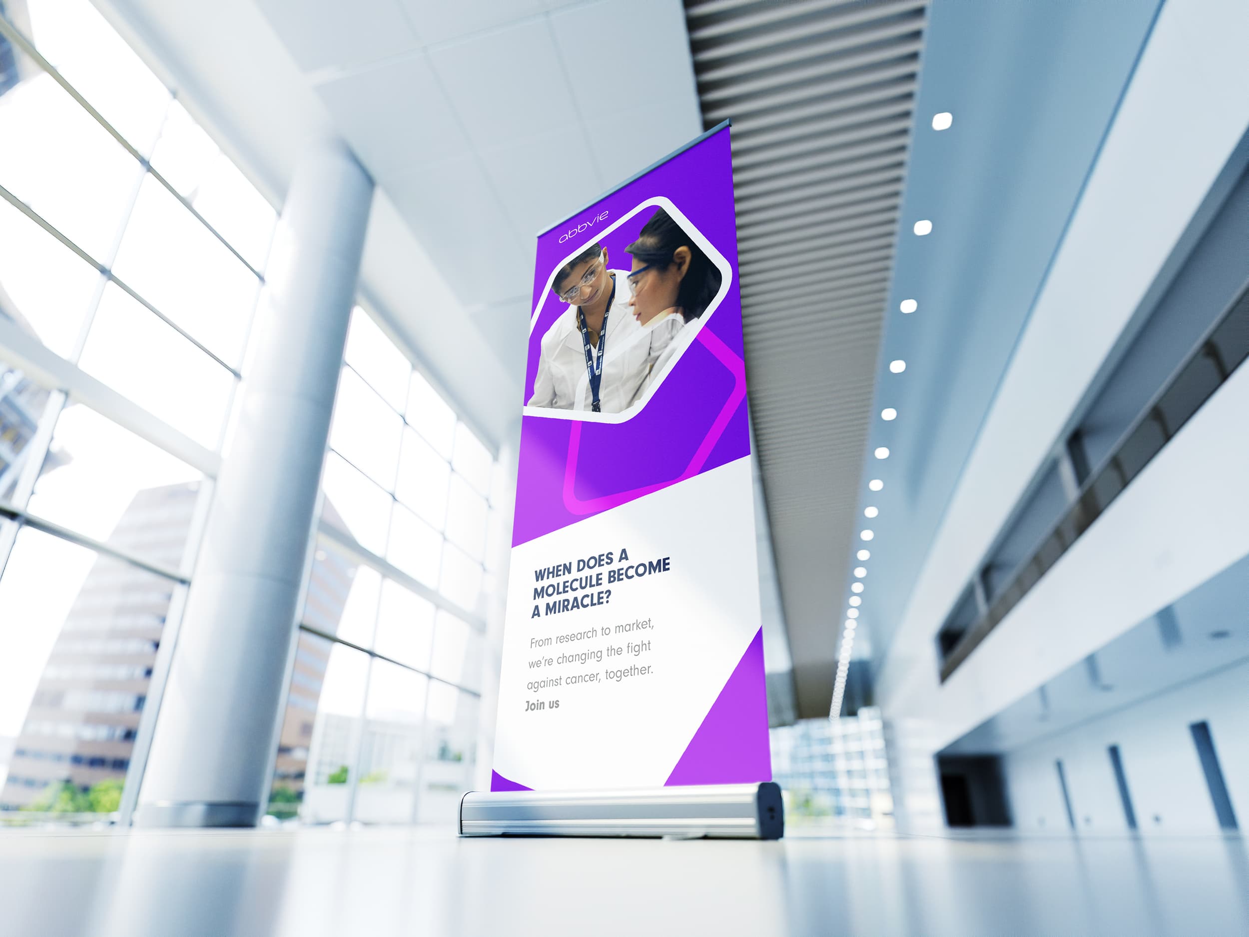 Design example of AbbVie's recruitment marketing on a banner stand