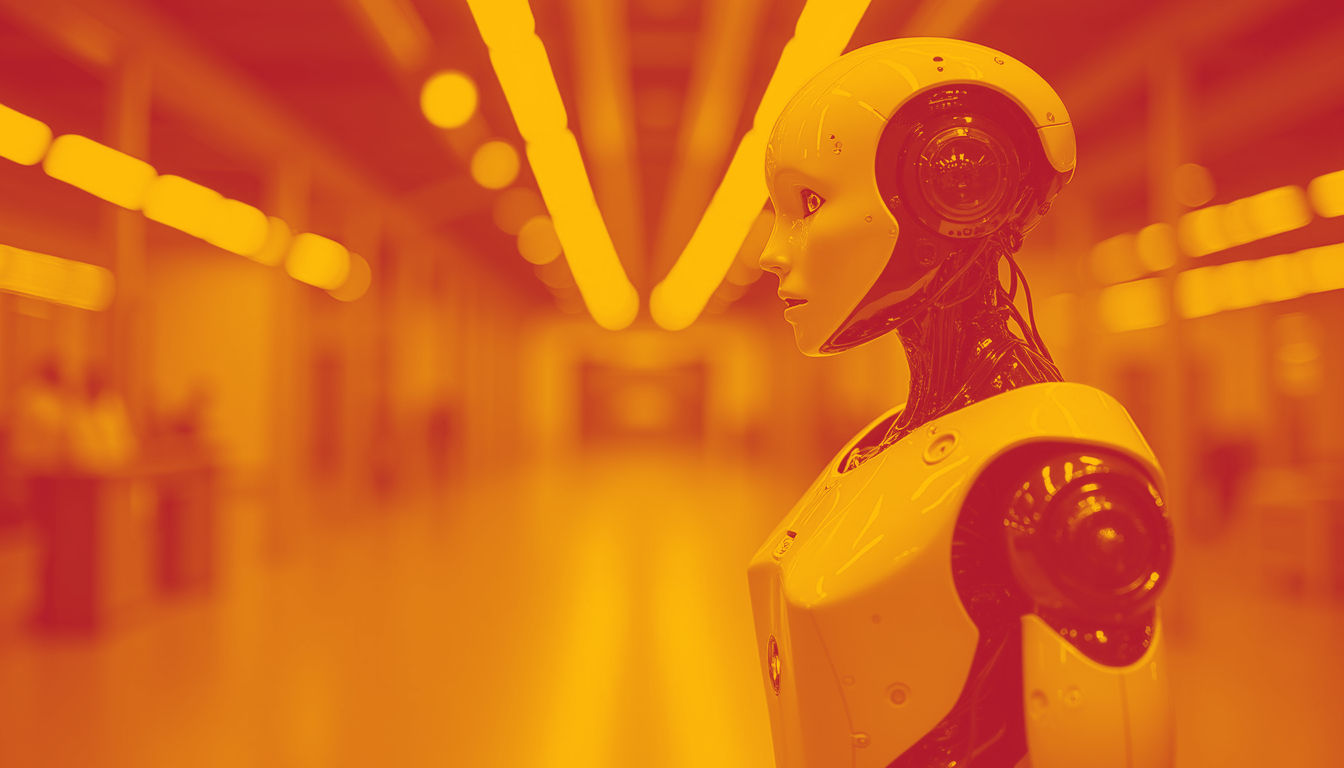 Eye-level view of an artificial intelligence robot in a contemporary environment