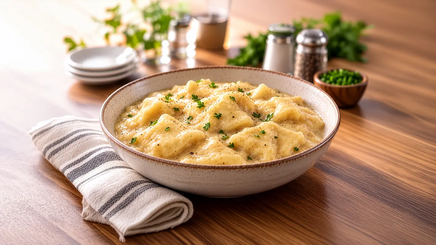 Dumplings in creamy gravy, garnished with chopped herbs and served in a ceramic bowl.