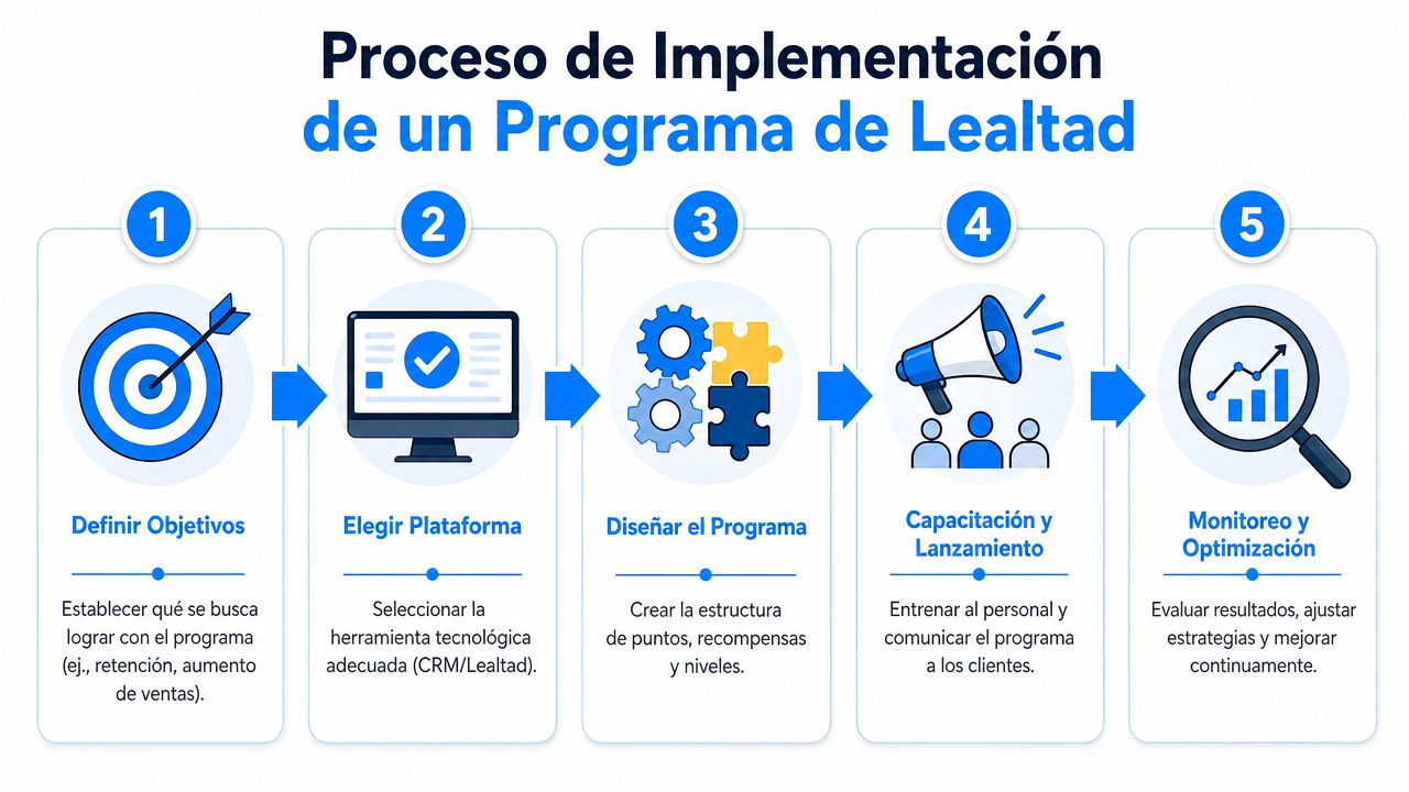 Diagrama del proceso de cinco pasos para implementar un programa de lealtad para clientes de una empresa.