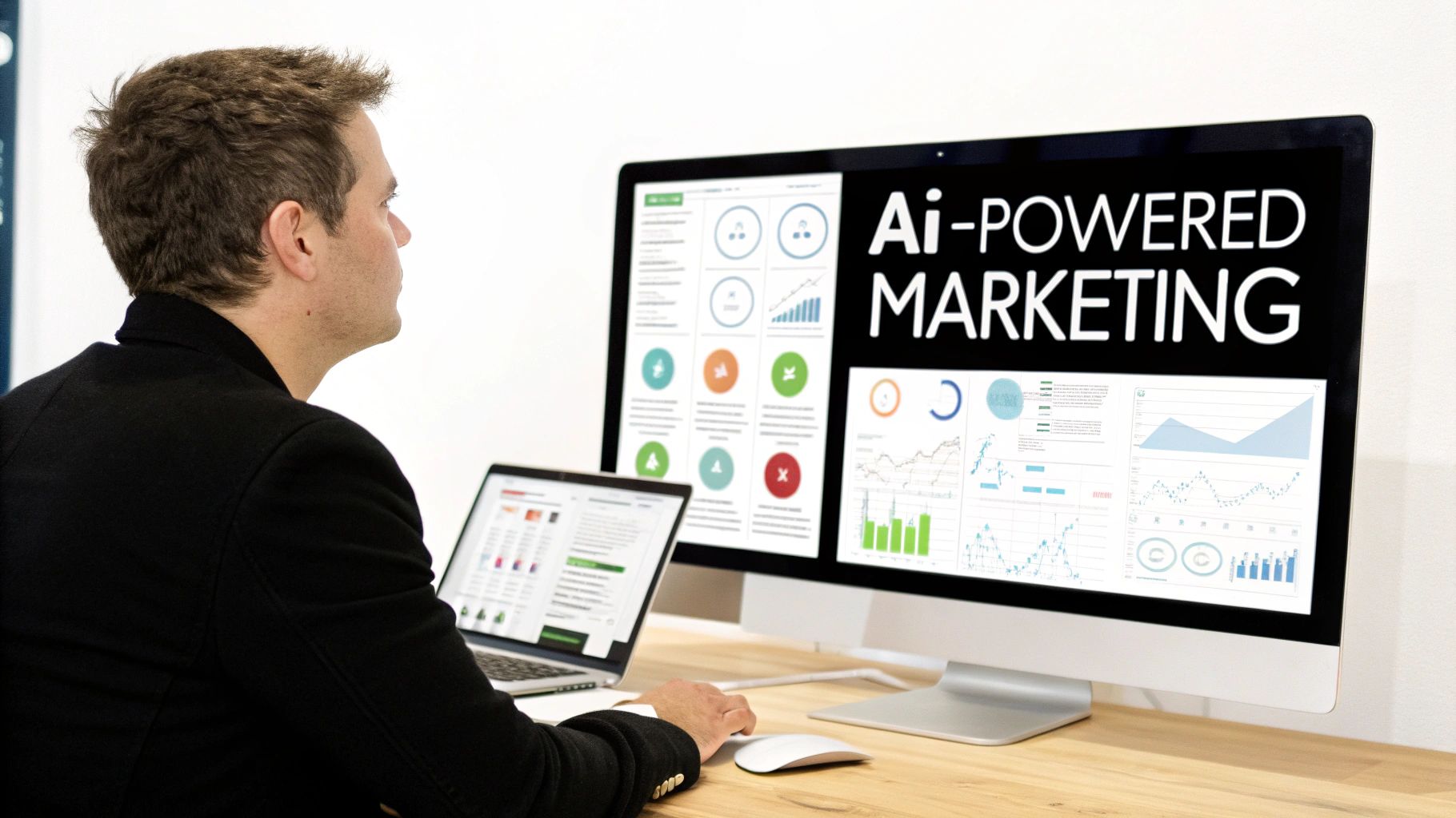 Man using a computer displaying 'AI-POWERED MARKETING' and data analytics charts, with a laptop nearby.