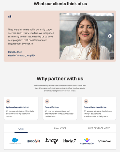 Screenshot of the original section of the GROHAUS website's Home page, featuring a client testimonial as well as a section combining the agency's value proposition and tools of expertise.