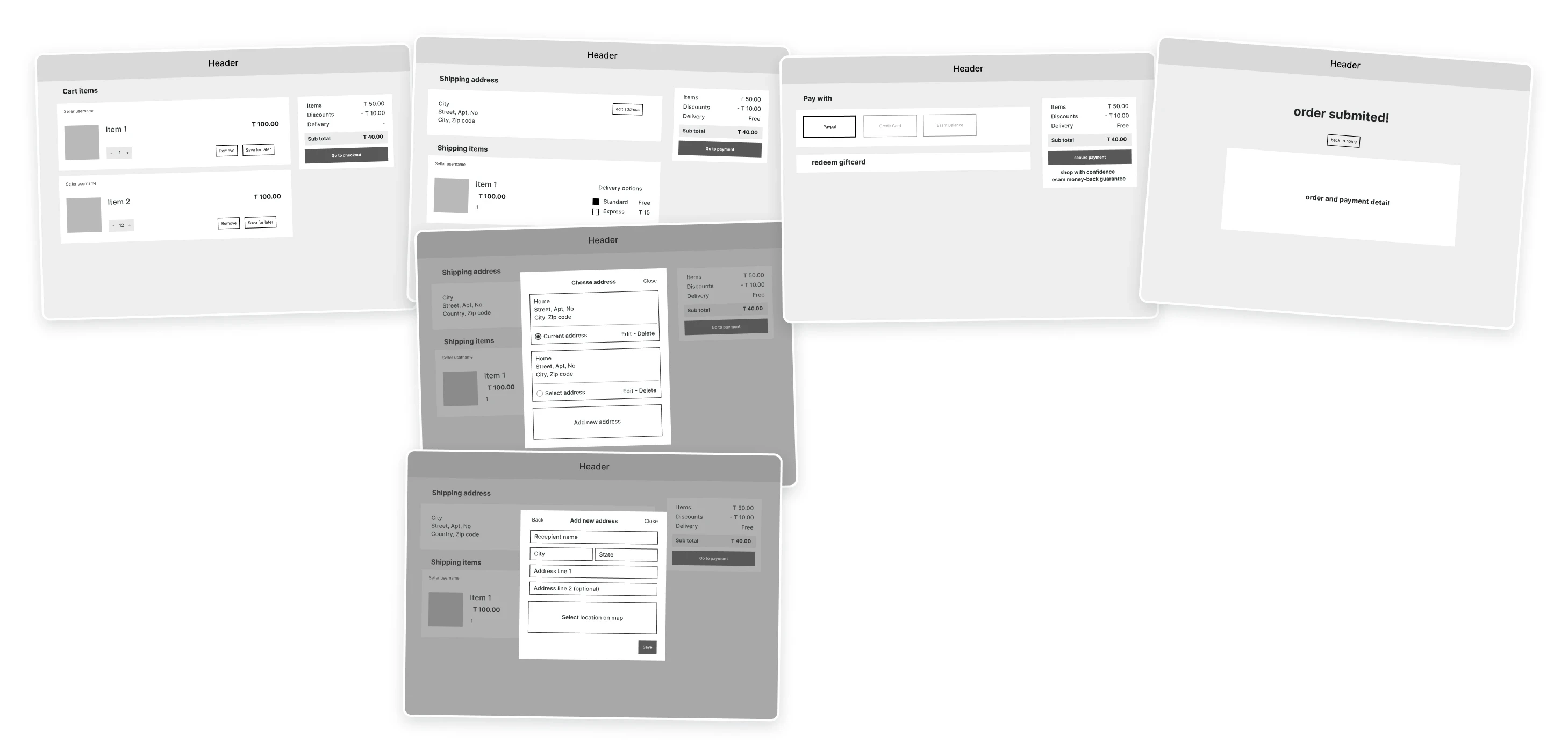 Low-fidelity wireframes of the multi-step checkout screens