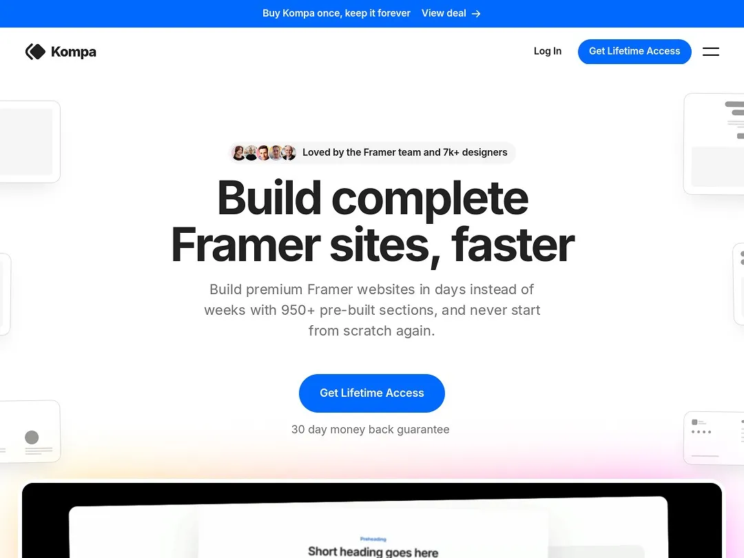 Website banner promoting fast Framer site building with a blue "Get Lifetime Access" button.