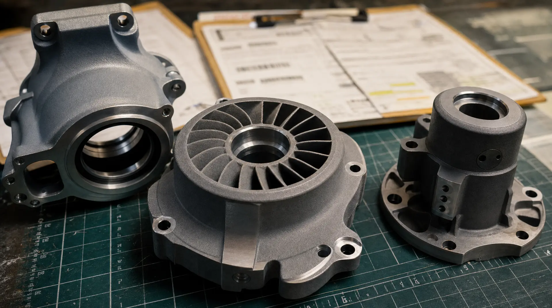 Close-up of machined metal housings and turbine-like parts on a workbench, supporting manufacturing video marketing visuals.
