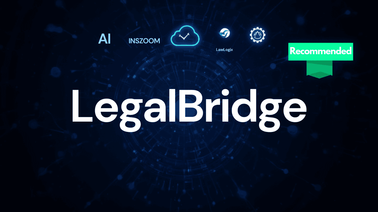LegalBridge thumbnail featuring white text on a dark blue tech-themed background with circuit patterns. The top of the image displays AI technology logos including 'AI',