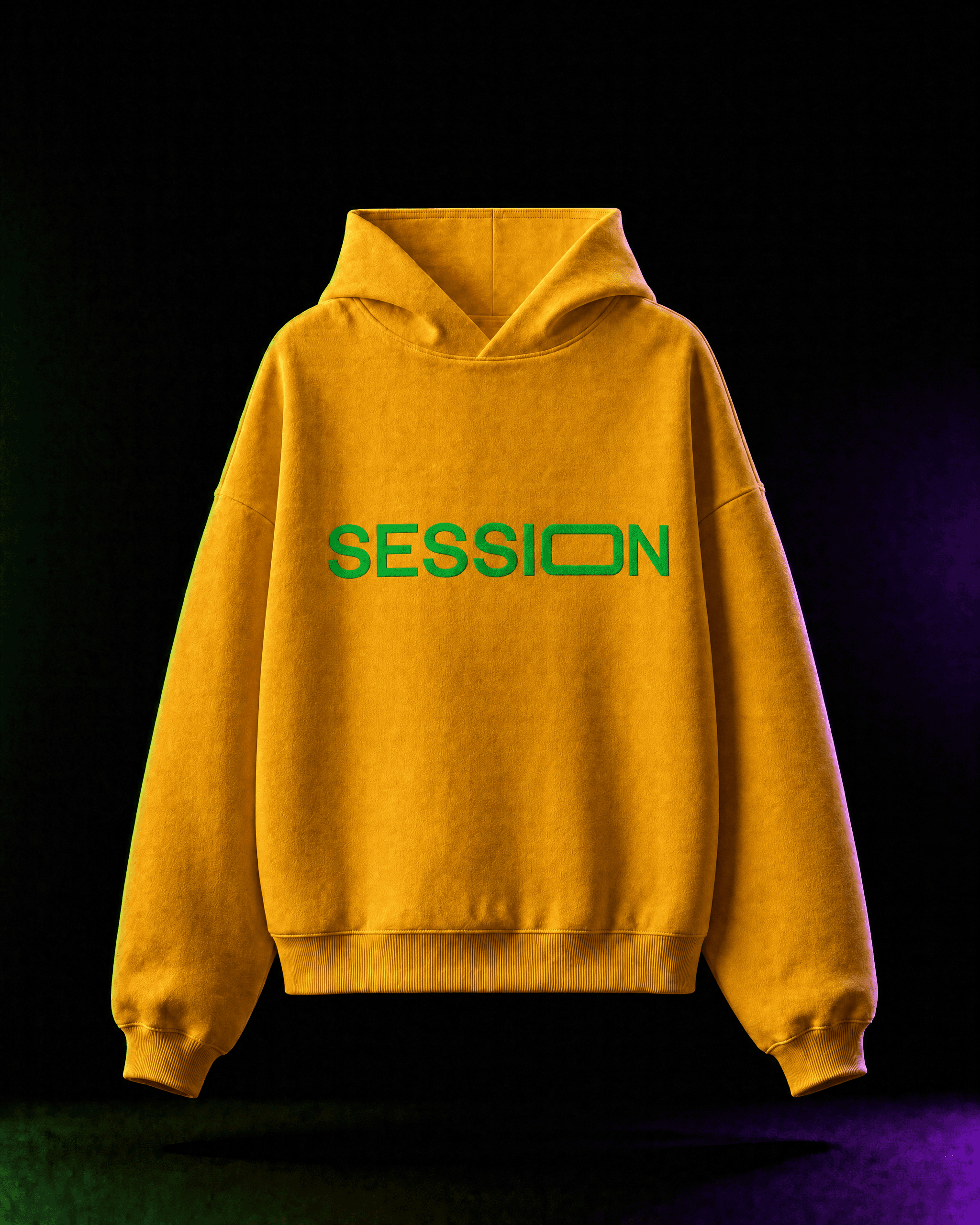 Front of a yellow Session Zone hoodie with green SESSION lettering across the chest.