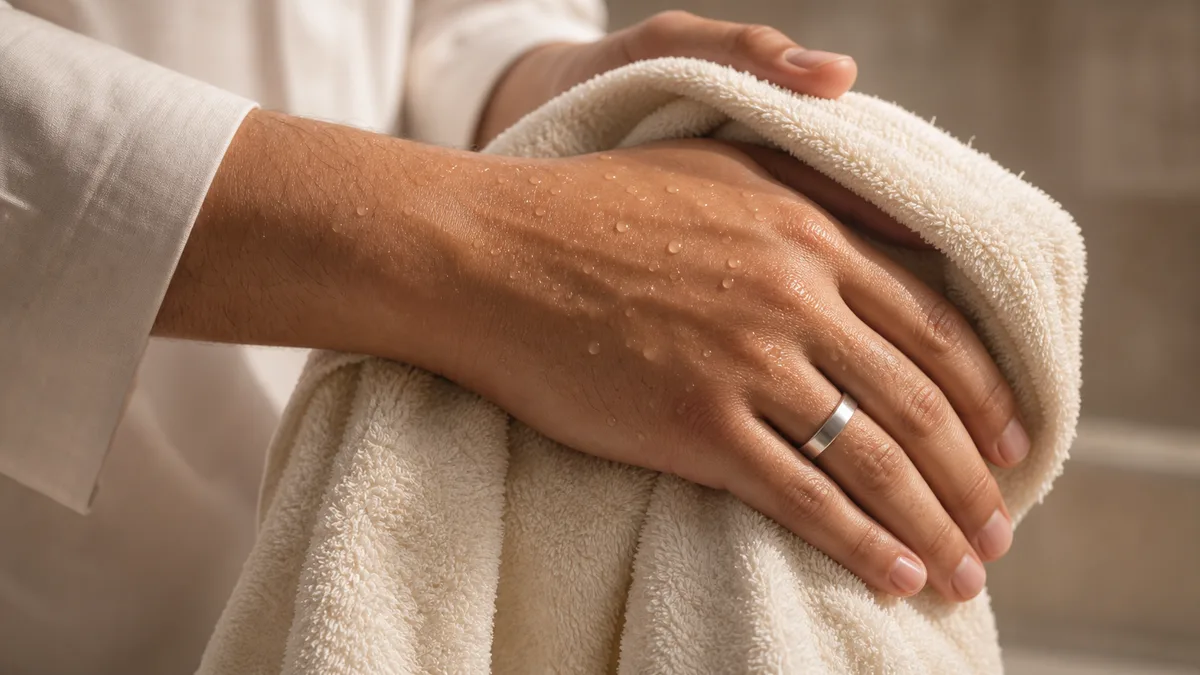 Hand wearing a silver smart tasbih ring being patted dry with a soft towel after wudu